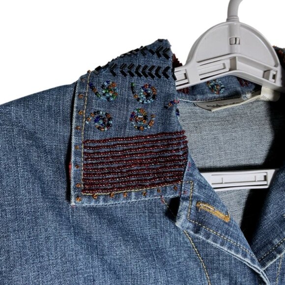 Chico’s Bomber Jacket Friends Beaded Embroidered Appliques Denim Blue Small - Picture 9 of 16